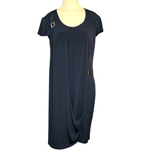 Italian Black Slinky Midi Dress Short Sleeve Sz 48 L Modern Lagenlook Minimalist